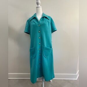 Vintage Polyester Knit Blue Button Front Dress